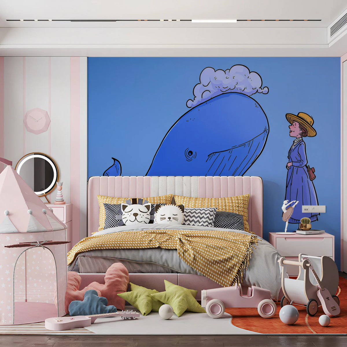 Lady and the Whale Mural Wallpaper — Whimsical Storybook Art Mural Wallpaper - pure wallpaper artwork