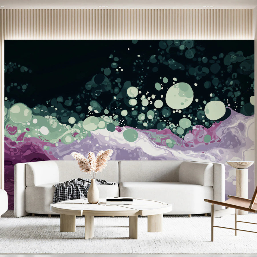 Fluid Acrylic Swirl Mural Wallpaper — Deep Plum and Seafoam Mural Wallpaper