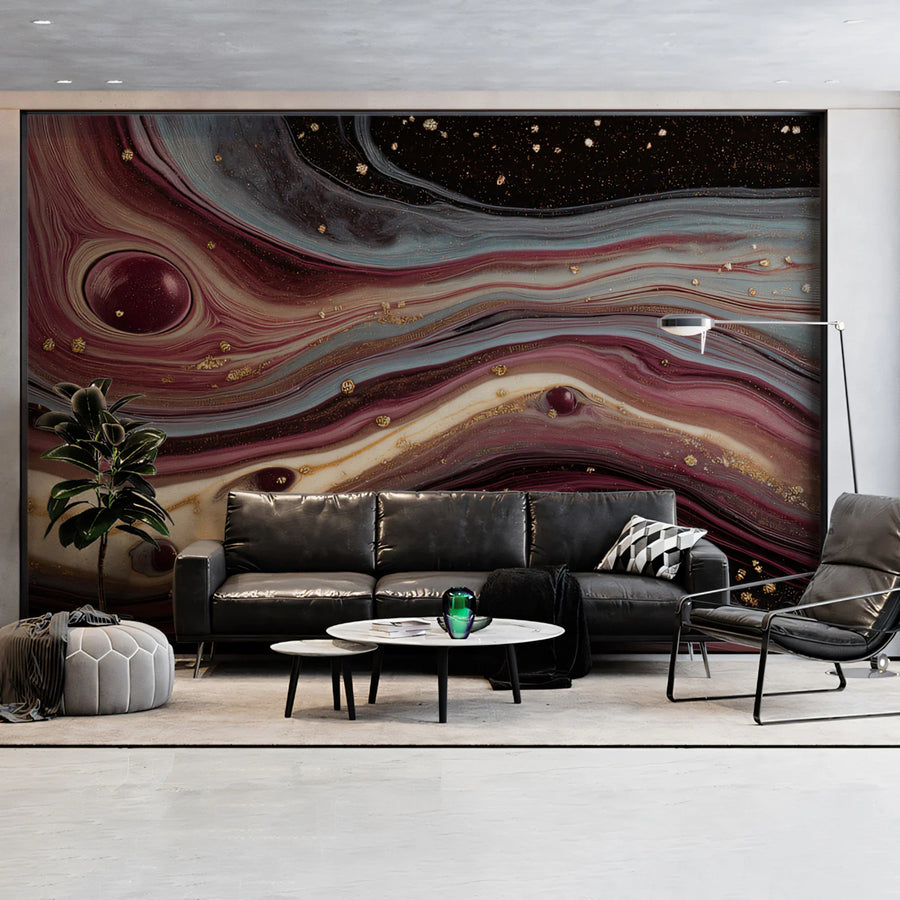 Burgundy and Gold Fluid Marble Mural Wallpaper — Artistic Design Mural Wallpaper