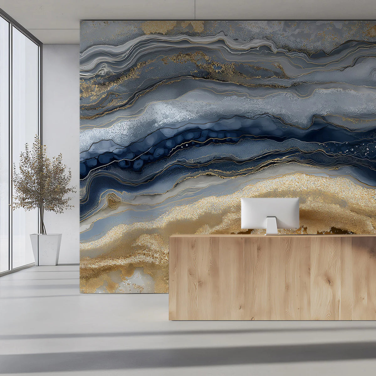 Agate Mineral Mural Wallpaper — Gold and Navy Fluid Art Mural Wallpaper - pure wallpaper artwork