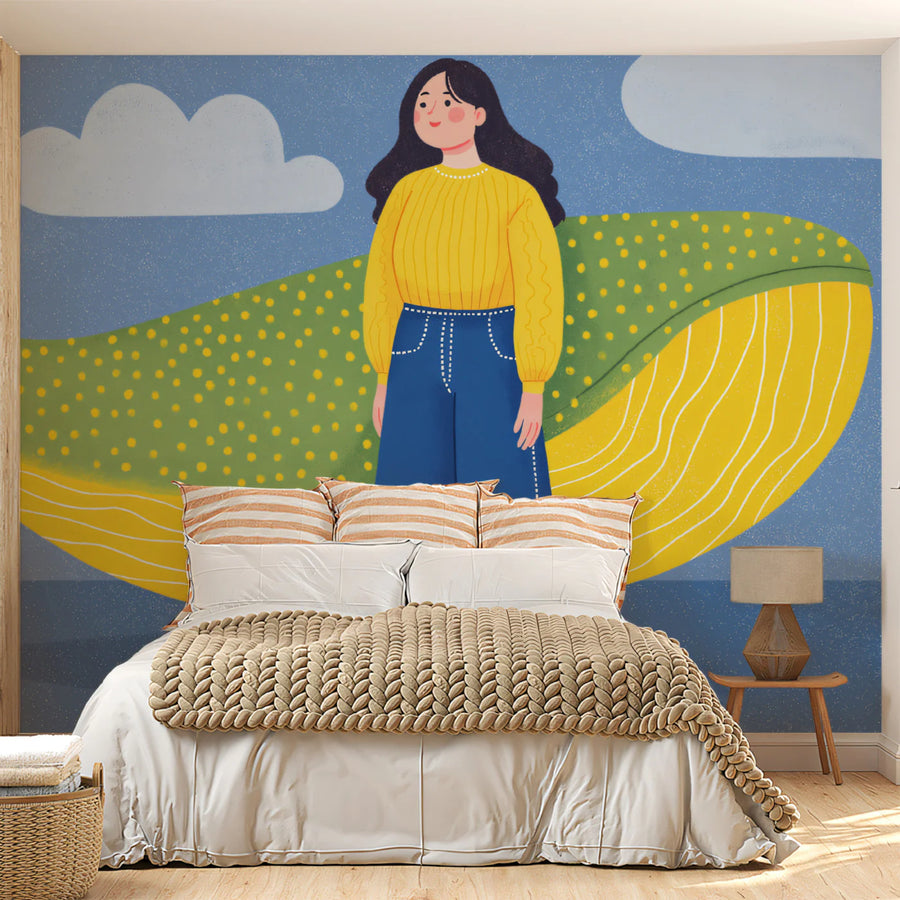 Woman & Spotted Whale Mural Wallpaper — Modern Art Illustration Mural Wallpaper