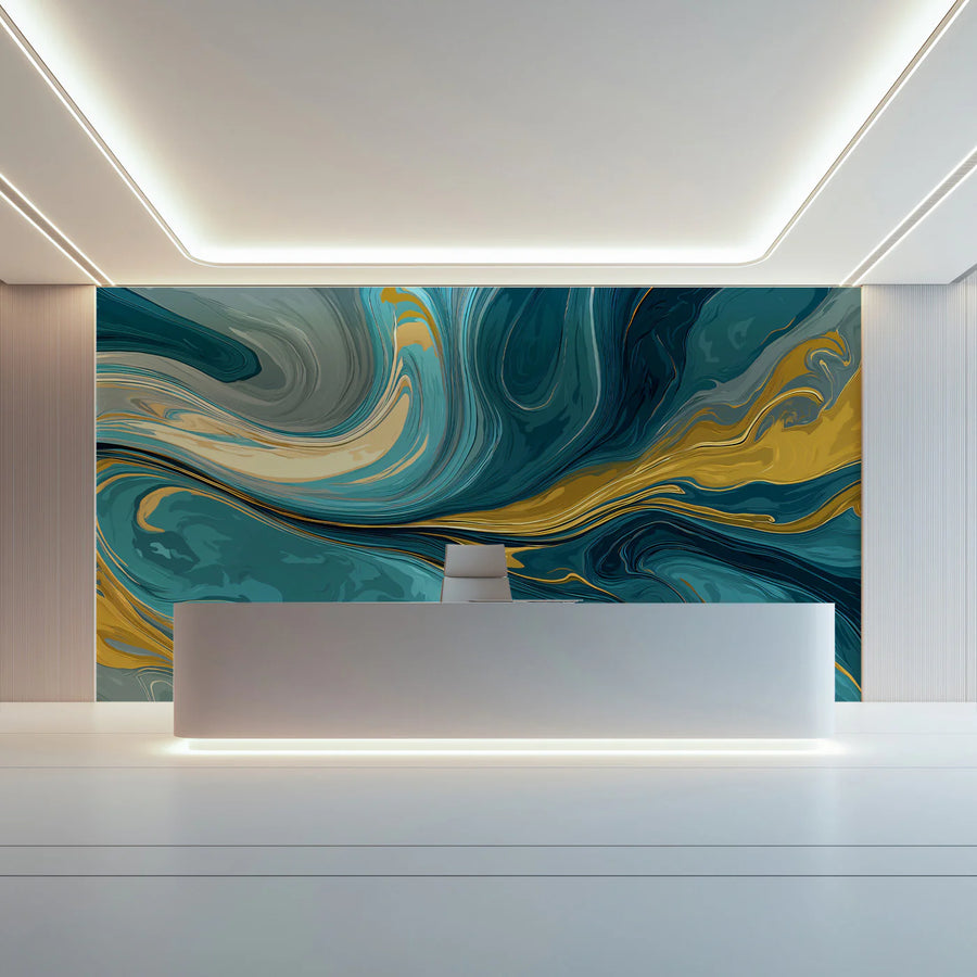 Teal and Mustard Fluid Marble Mural Wallpaper — Artistic Swirls Mural Wallpaper