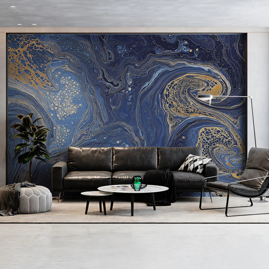 Cosmic Fluid Mural Wallpaper in Navy and Gold Lacing Mural Wallpaper