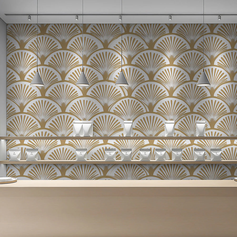 Art Deco Fan Mural Wallpaper — Geometric Bronze and Cream Pattern Mural Wallpaper