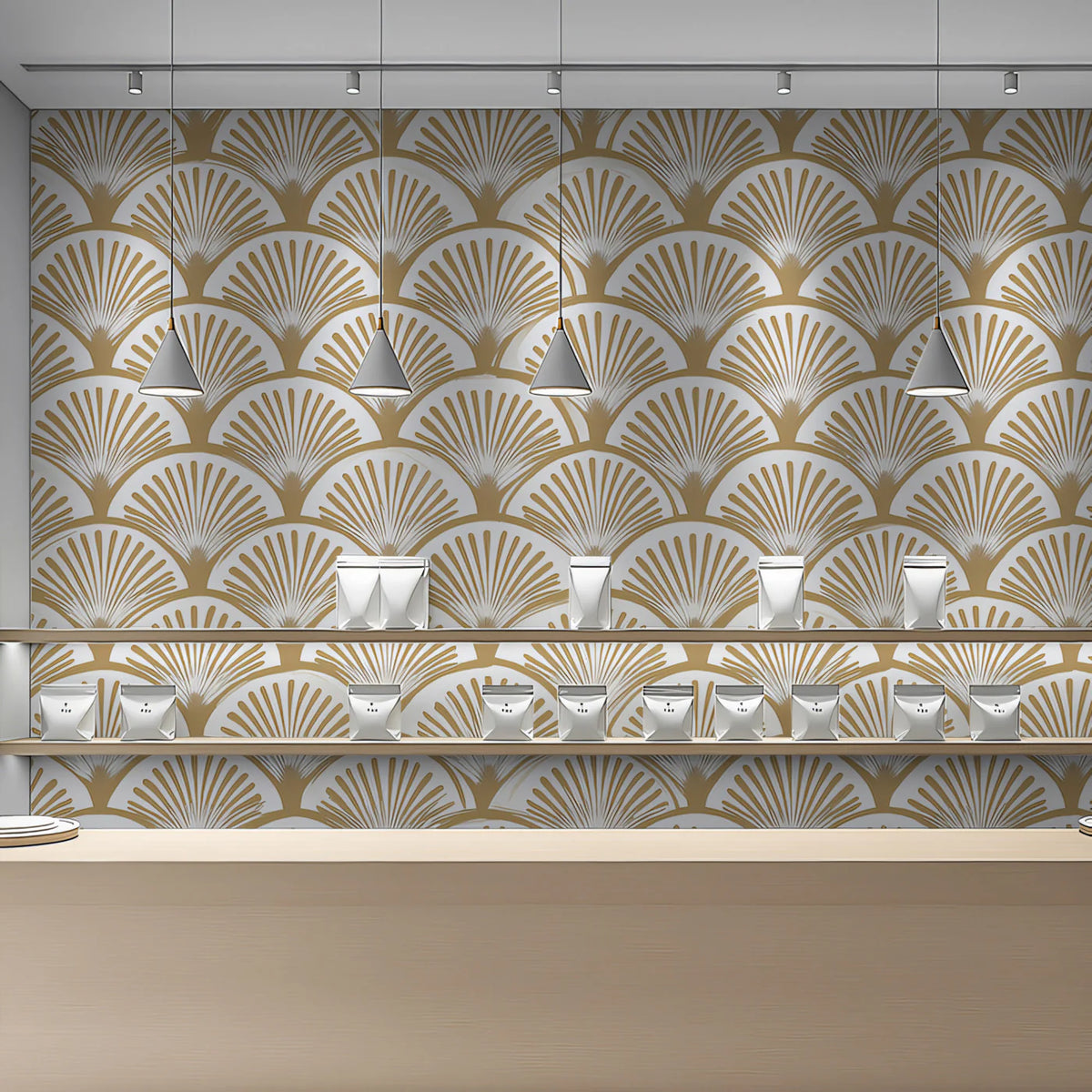Art Deco Fan Mural Wallpaper — Geometric Bronze and Cream Pattern Mural Wallpaper - pure wallpaper artwork
