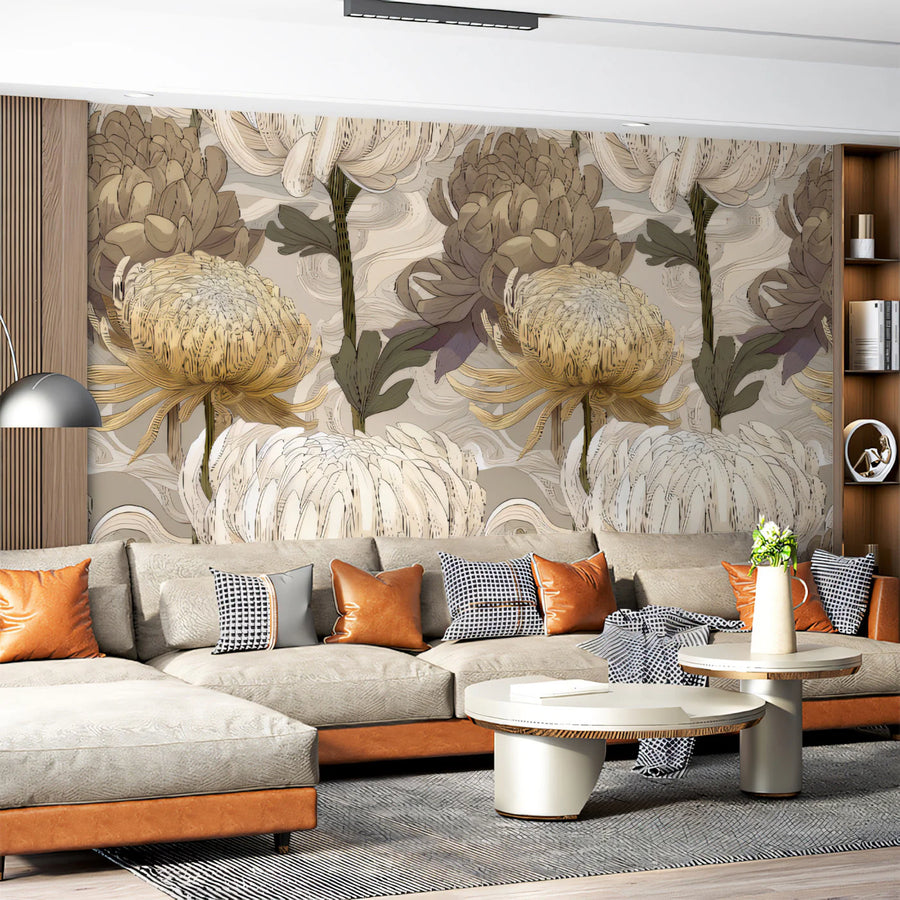 Oriental Chrysanthemum Floral Mural Wallpaper — Vintage Style Mural Wallpaper