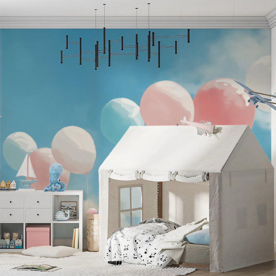 Floating Pastel Balloons Mural Wallpaper — Airy Sky Motif Mural Wallpaper
