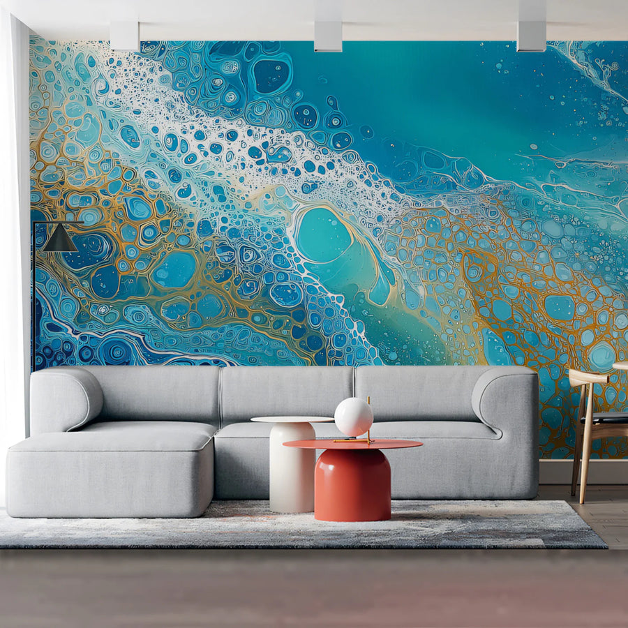 Coastal Fluid Art Mural Wallpaper — Teal and Gold Swirls Mural Wallpaper