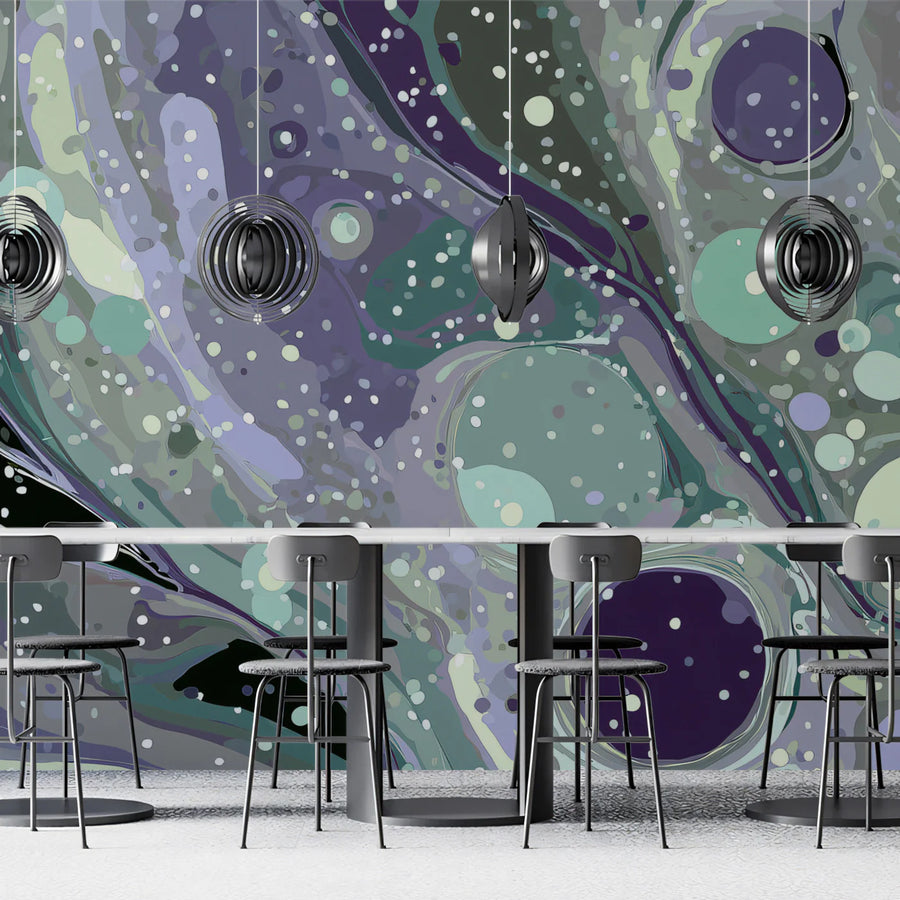 Cosmic Marble Mural Wallpaper — Swirling Purple and Mint Tones Mural Wallpaper
