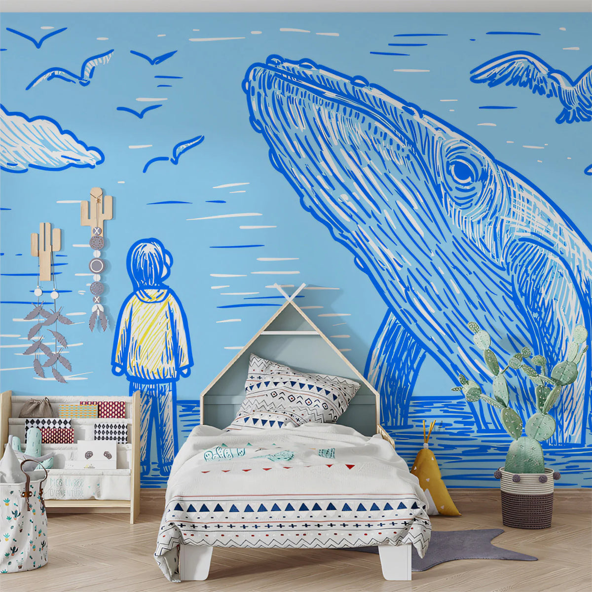 Nautical Whale Sketch Mural Wallpaper — Hand-Drawn Blue Marine Art Mural Wallpaper - pure wallpaper artwork