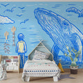 Nautical Whale Sketch Mural Wallpaper — Hand-Drawn Blue Marine Art Mural Wallpaper - pure wallpaper artwork