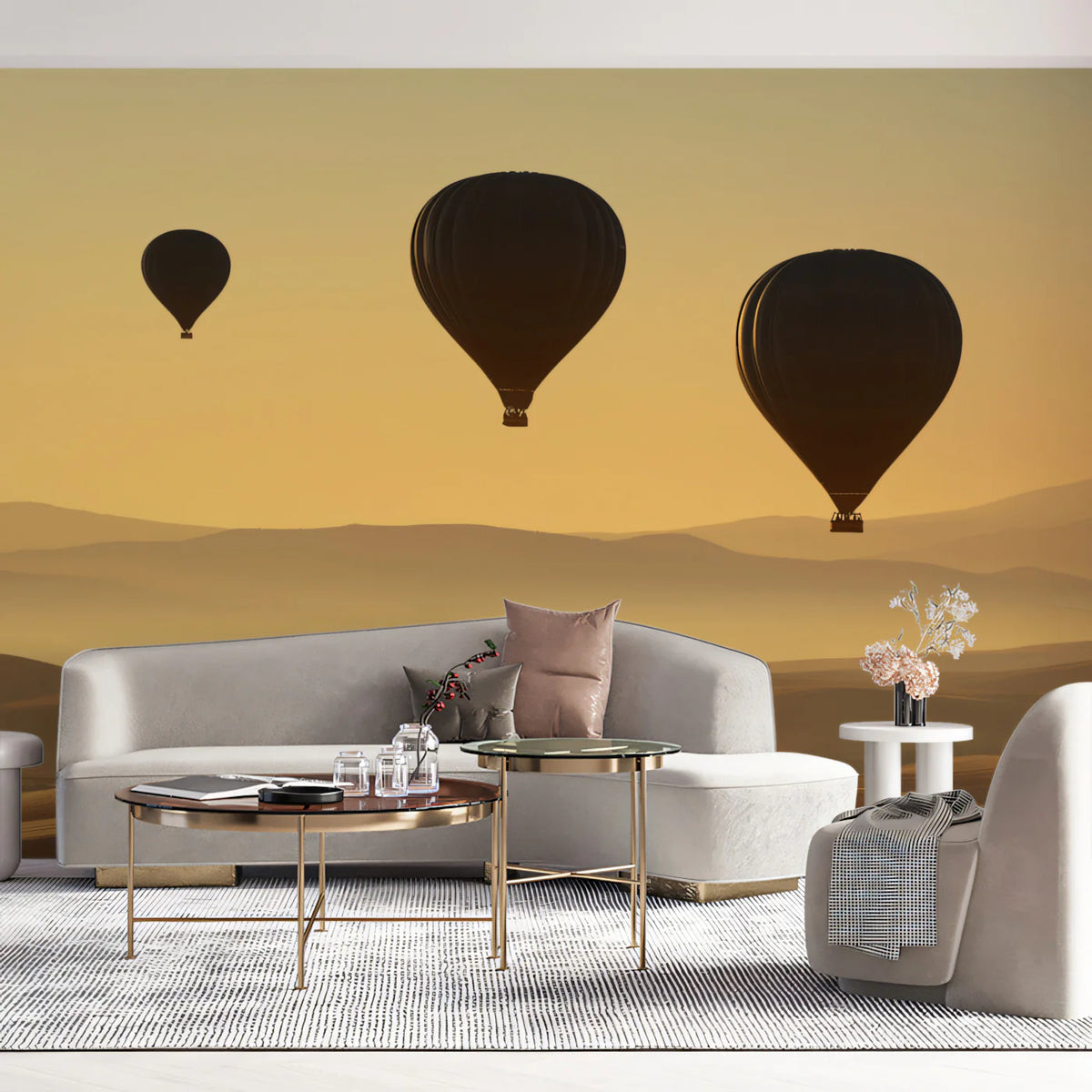 Hot Air Balloon Desert Mural Wallpaper — Cinematic Golden Horizon Mural Wallpaper - pure wallpaper artwork