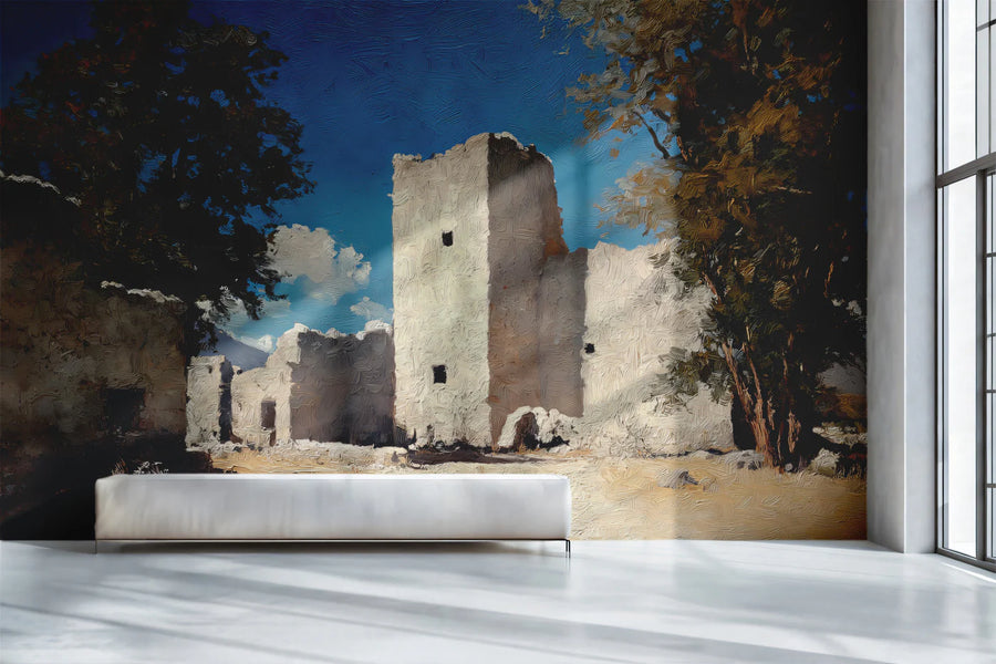 Mediterranean Ruin Mural Wallpaper — Oil Painting Style Mural Wallpaper