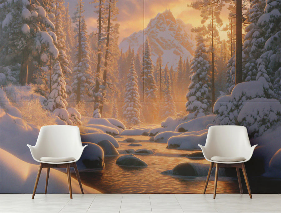 Snowy Mountain River Mural Wallpaper — Golden Sunset Winter Forest Mural Wallpaper