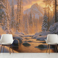 Snowy Mountain River Mural Wallpaper — Golden Sunset Winter Forest Mural Wallpaper - pure wallpaper artwork