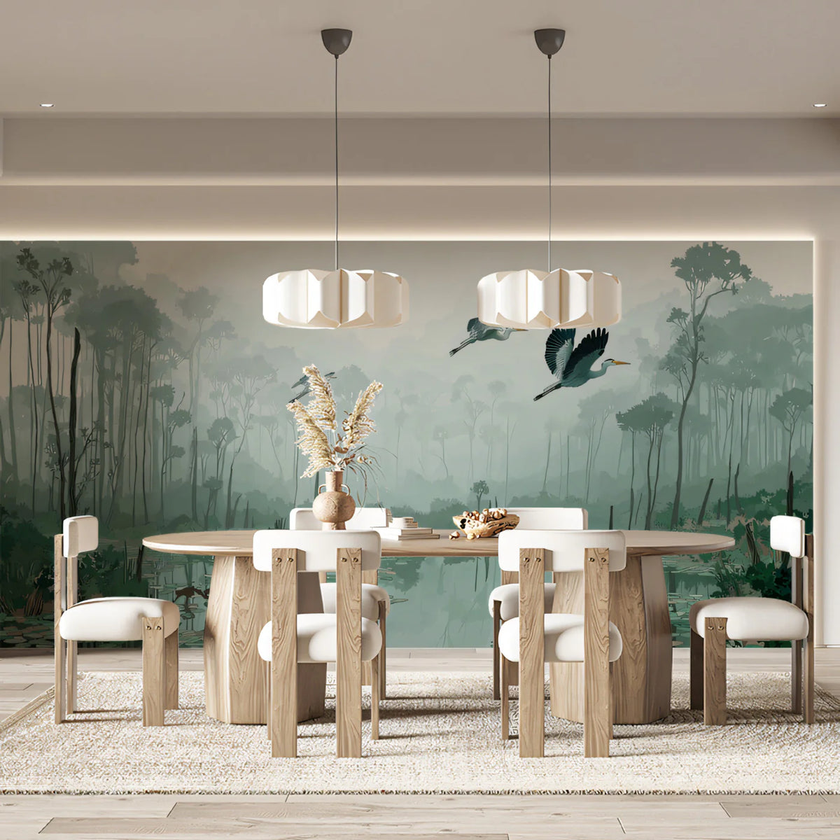 Misty Wetland Heron Mural Wallpaper — Calm Nature Illustration Mural Wallpaper - pure wallpaper artwork