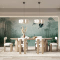 Misty Wetland Heron Mural Wallpaper — Calm Nature Illustration Mural Wallpaper - pure wallpaper artwork