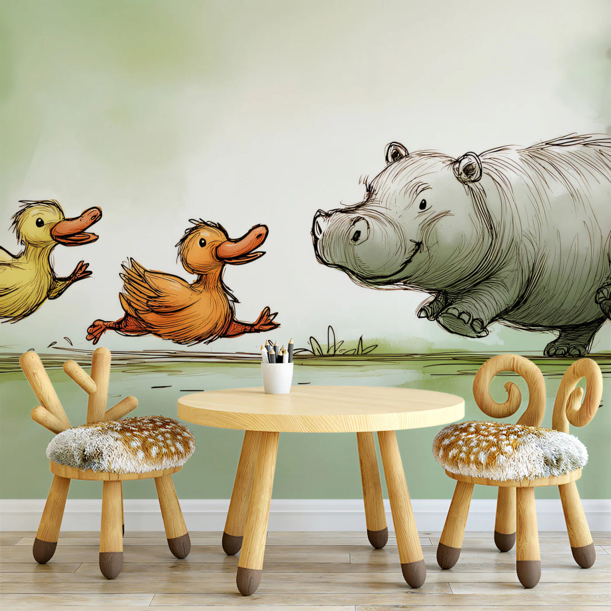 Running Hippo and Duck Friends Mural Wallpaper — Whimsical Storybook Mural Wallpaper - pure wallpaper artwork