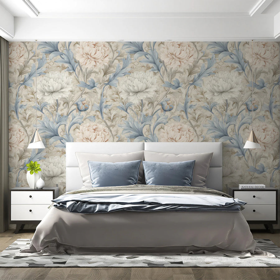 Victorian Peony Mural Wallpaper — Soft Blue and Cream Floral Mural Wallpaper