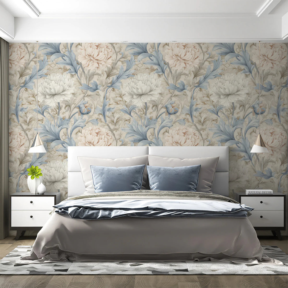 Victorian Peony Mural Wallpaper — Soft Blue and Cream Floral Mural Wallpaper - pure wallpaper artwork