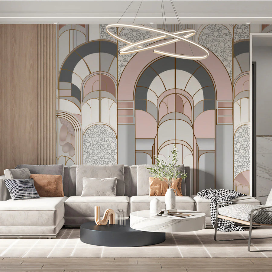 Art Deco Arch Mural Wallpaper — Dusty Rose and Slate Grey Mural Wallpaper
