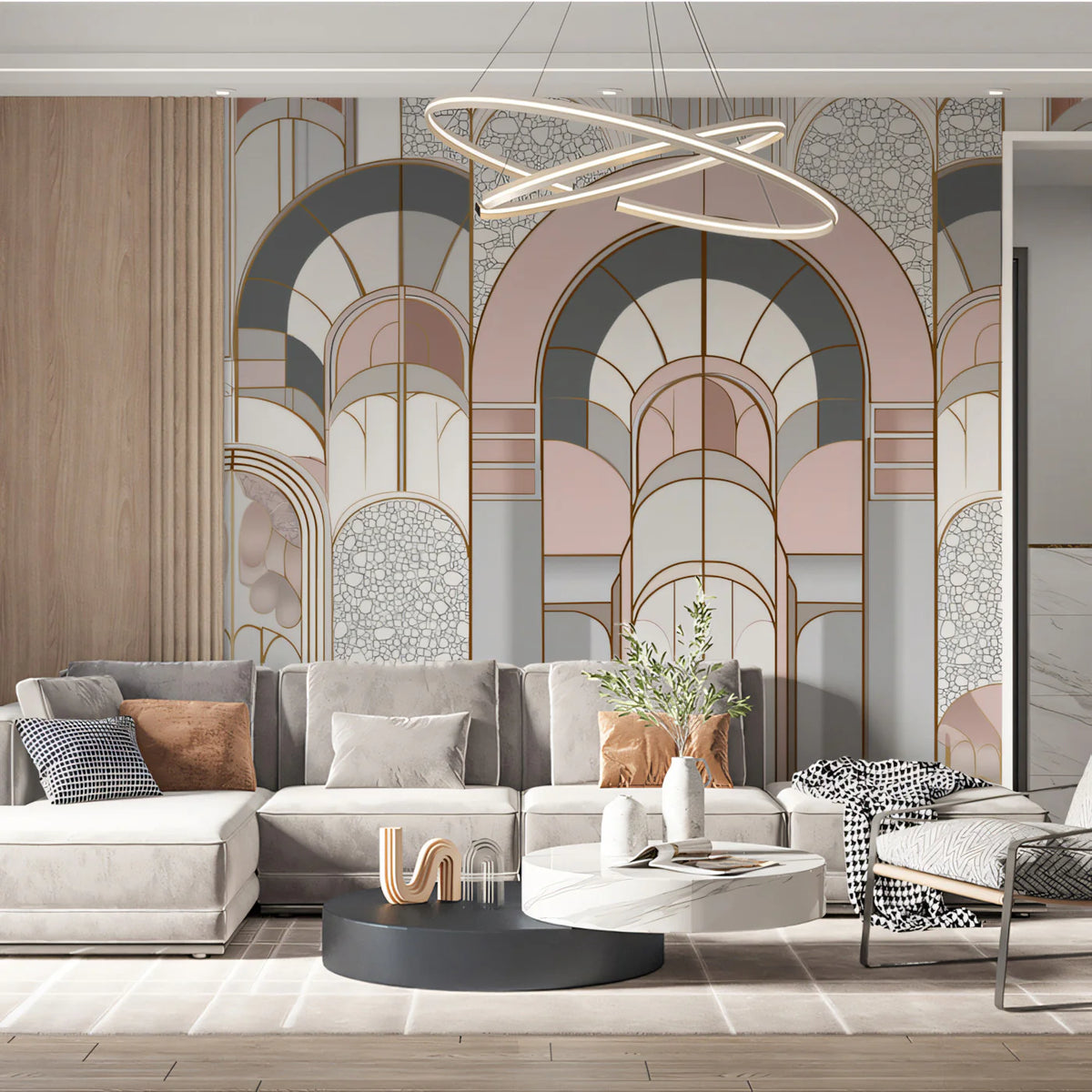 Art Deco Arch Mural Wallpaper — Dusty Rose and Slate Grey Mural Wallpaper - pure wallpaper artwork