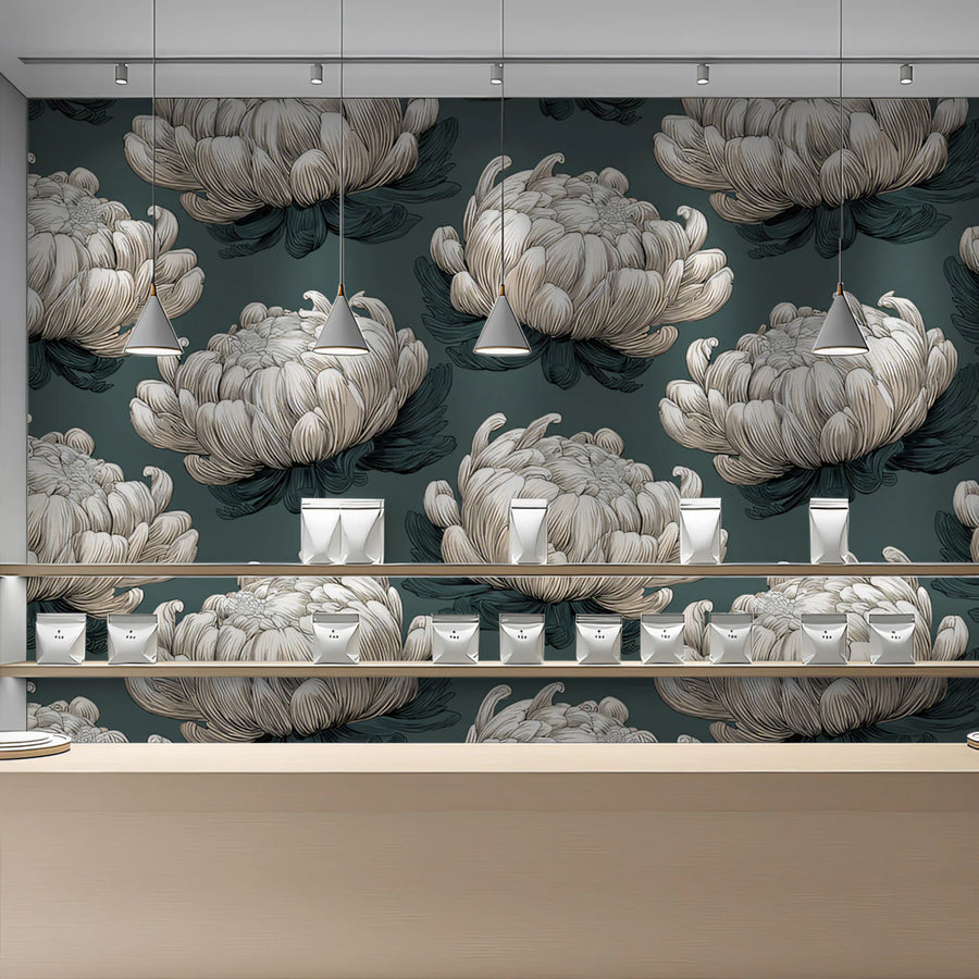 Vintage Chrysanthemum Mural Wallpaper — Botanical Dark Academia Mural Wallpaper