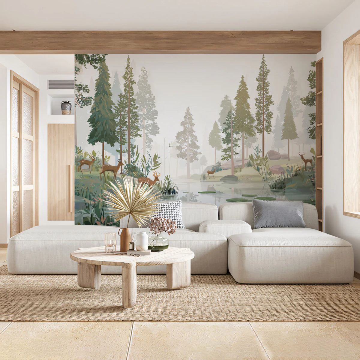 Misty Woodland Deer Mural Wallpaper — Earthy Forest Landscape Mural Wallpaper - pure wallpaper artwork