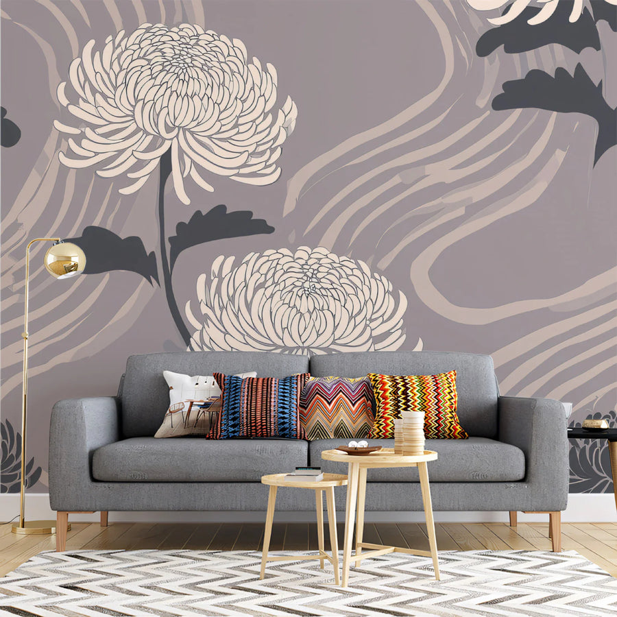 Minimalist Chrysanthemum Mural Wallpaper — Muted Floral Art Mural Wallpaper