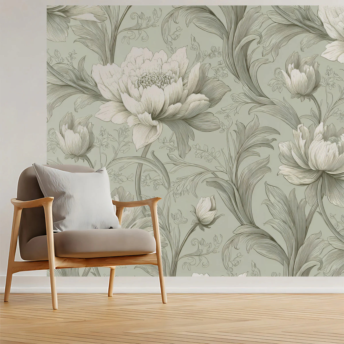 Classical Peony Mural Wallpaper — Sage Green Botanical Art Mural Wallpaper - pure wallpaper artwork