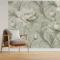 Classical Peony Mural Wallpaper — Sage Green Botanical Art Mural Wallpaper - pure wallpaper artwork