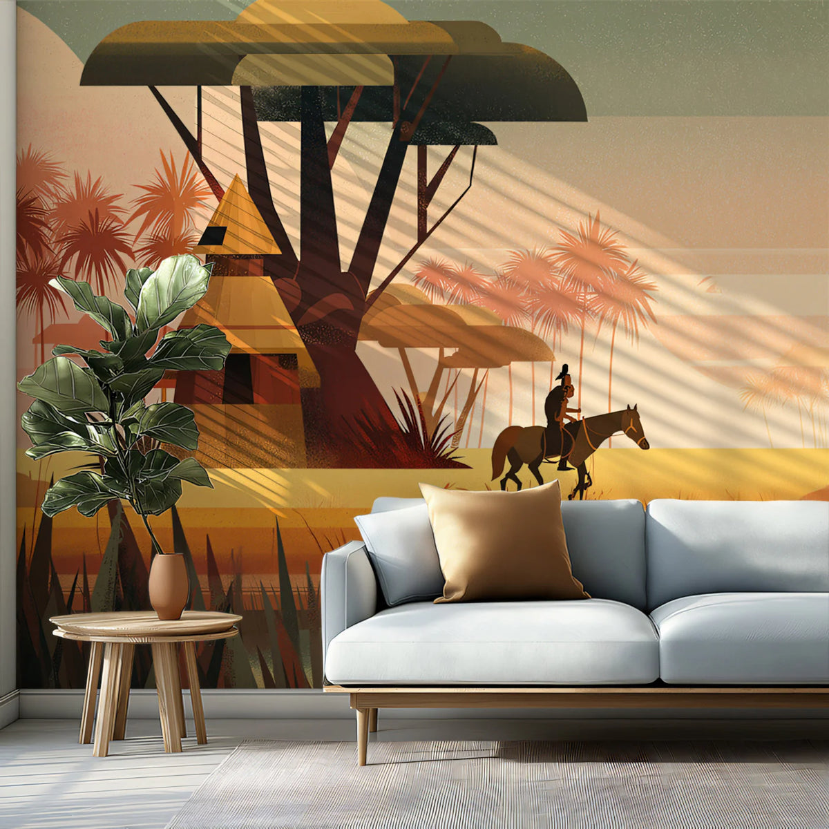 African Savanna Sunset Mural Wallpaper — Retro Illustration Mural Wallpaper - pure wallpaper artwork