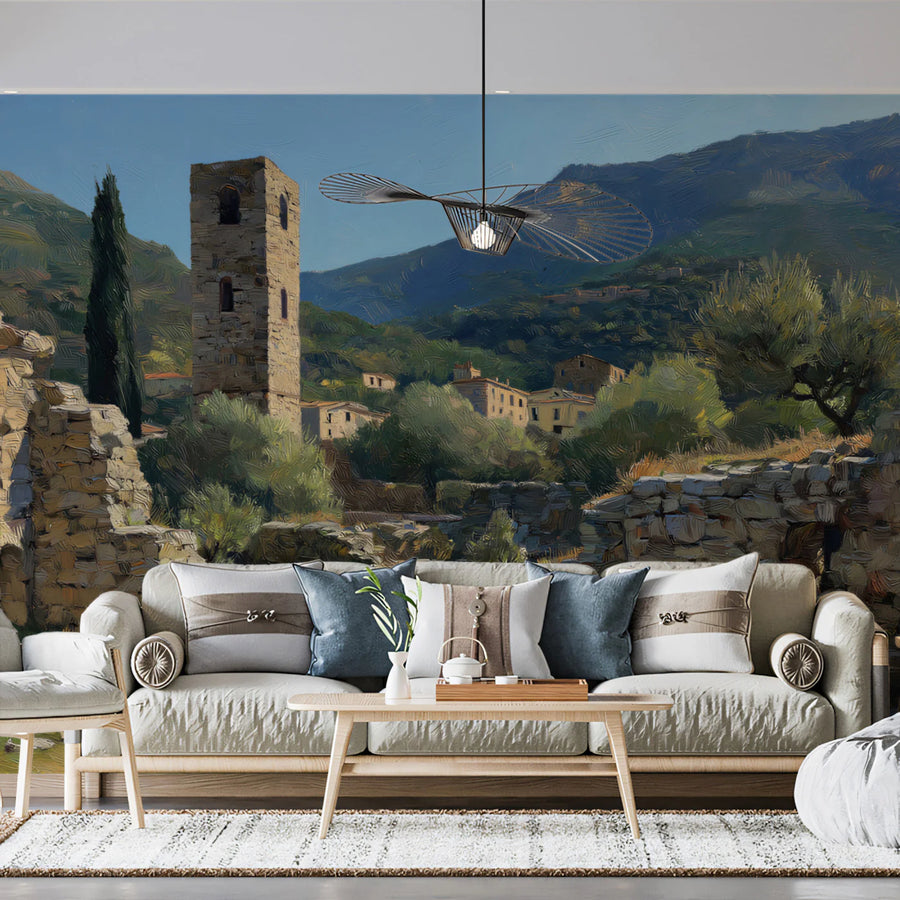 Mediterranean Stone Ruin Mural Wallpaper — Artistic Oil Painting Mural Wallpaper