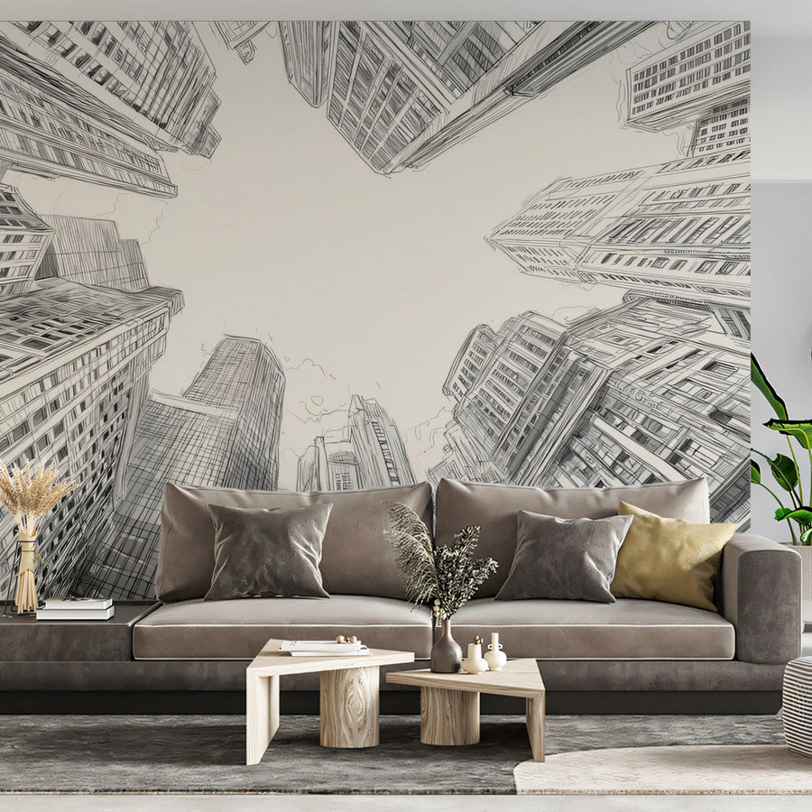 Metropolis Sketch Mural Wallpaper —Architectural Worm's-Eye View Mural Wallpaper
