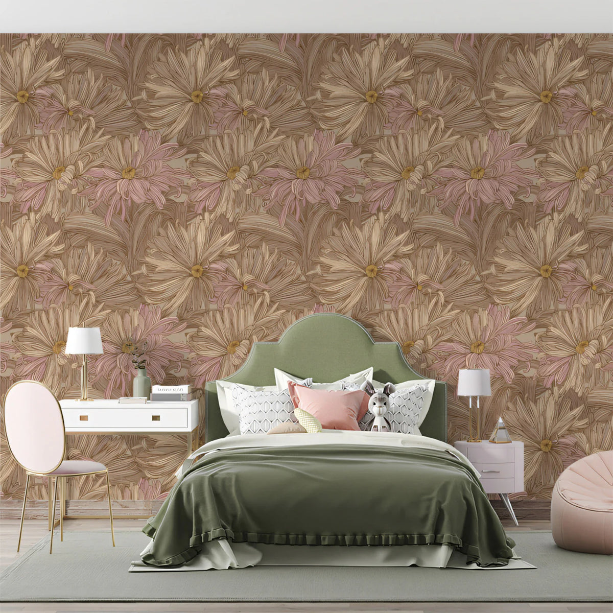 Vintage Chrysanthemum Mural Wallpaper — Warm Taupe and Blush Mural Wallpaper - pure wallpaper artwork