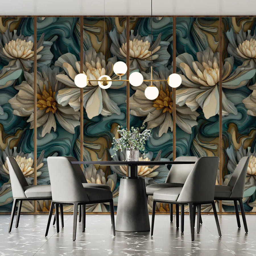 Abstract Swirling Peony Mural Wallpaper — Dark Teal and Gold Mural Wallpaper