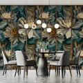 Abstract Swirling Peony Mural Wallpaper — Dark Teal and Gold Mural Wallpaper - pure wallpaper artwork