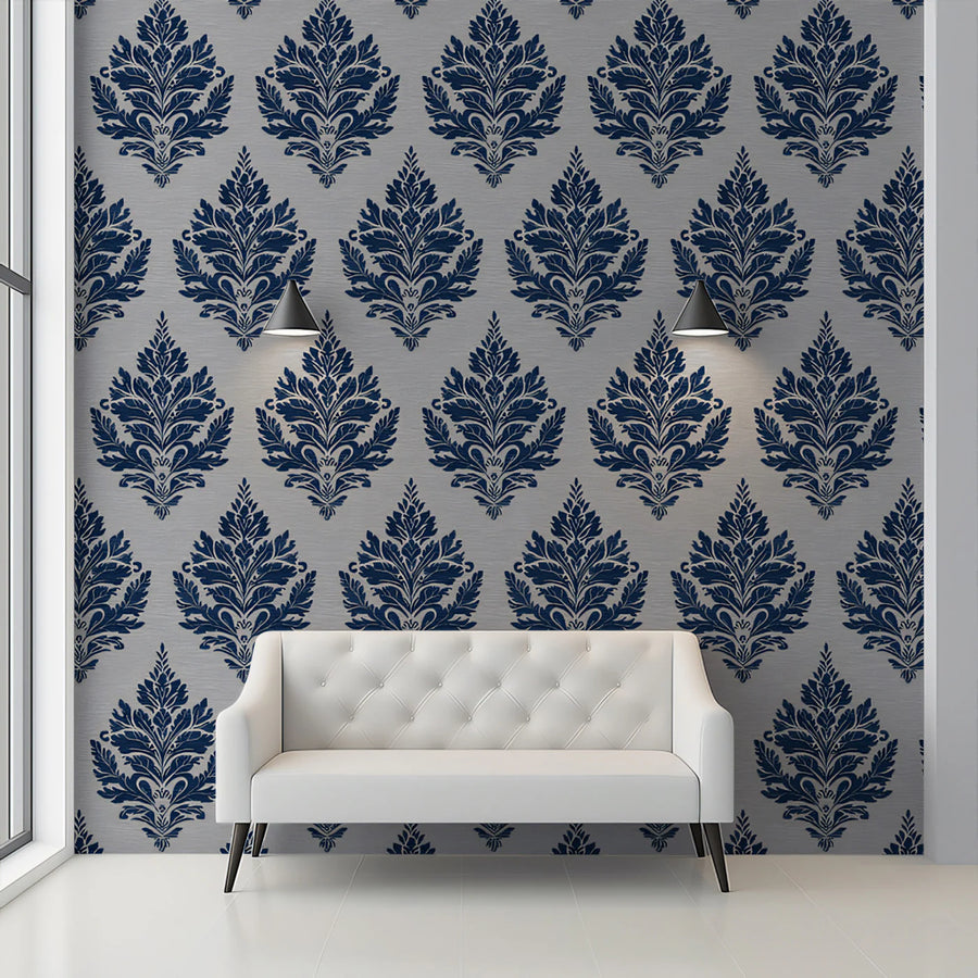 Navy Damask Crest Mural Wallpaper — Traditional Ornate Pattern Mural Wallpaper