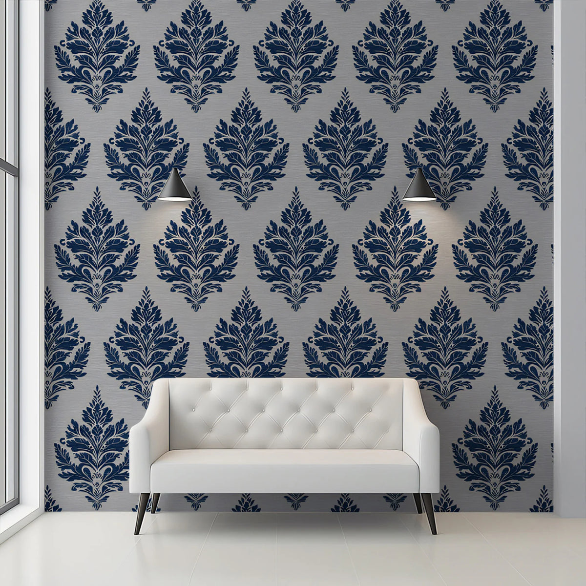 Navy Damask Crest Mural Wallpaper — Traditional Ornate Pattern Mural Wallpaper - pure wallpaper artwork