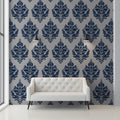 Navy Damask Crest Mural Wallpaper — Traditional Ornate Pattern Mural Wallpaper - pure wallpaper artwork