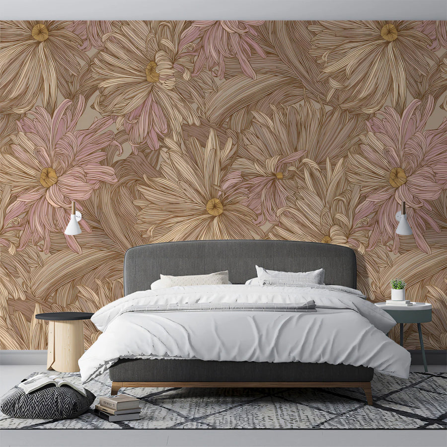 Muted Mauve Chrysanthemum Mural Wallpaper — Vintage Floral Sketch Mural Wallpaper