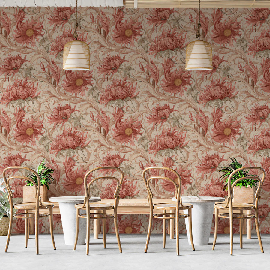 Victorian Botanical Mural Wallpaper in Muted Coral and Sand Mural Wallpaper