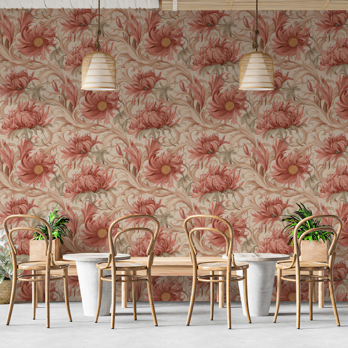 Victorian Botanical Mural Wallpaper in Muted Coral and Sand Mural Wallpaper - pure wallpaper artwork