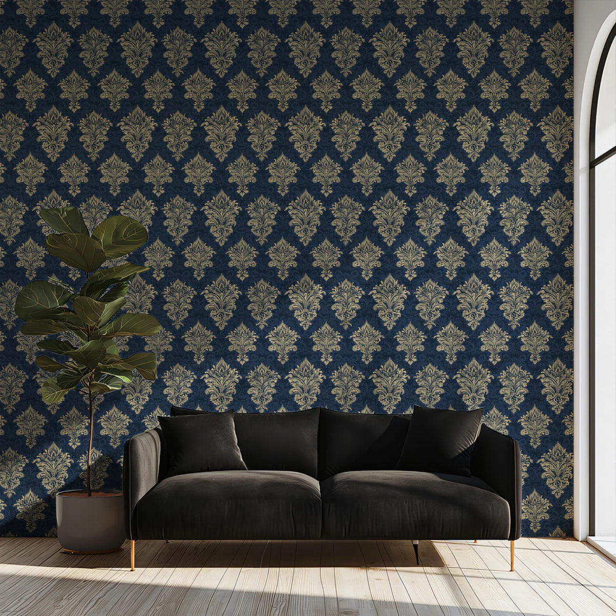 Traditional Fleur-de-lis Crest Mural Wallpaper in Navy and Gold Mural Wallpaper - pure wallpaper artwork