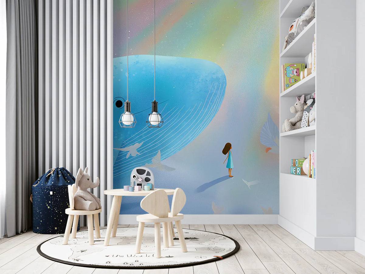 Dreamy Whale and Flying Birds Mural Wallpaper — Whimsical Illustration Mural Wallpaper - pure wallpaper artwork