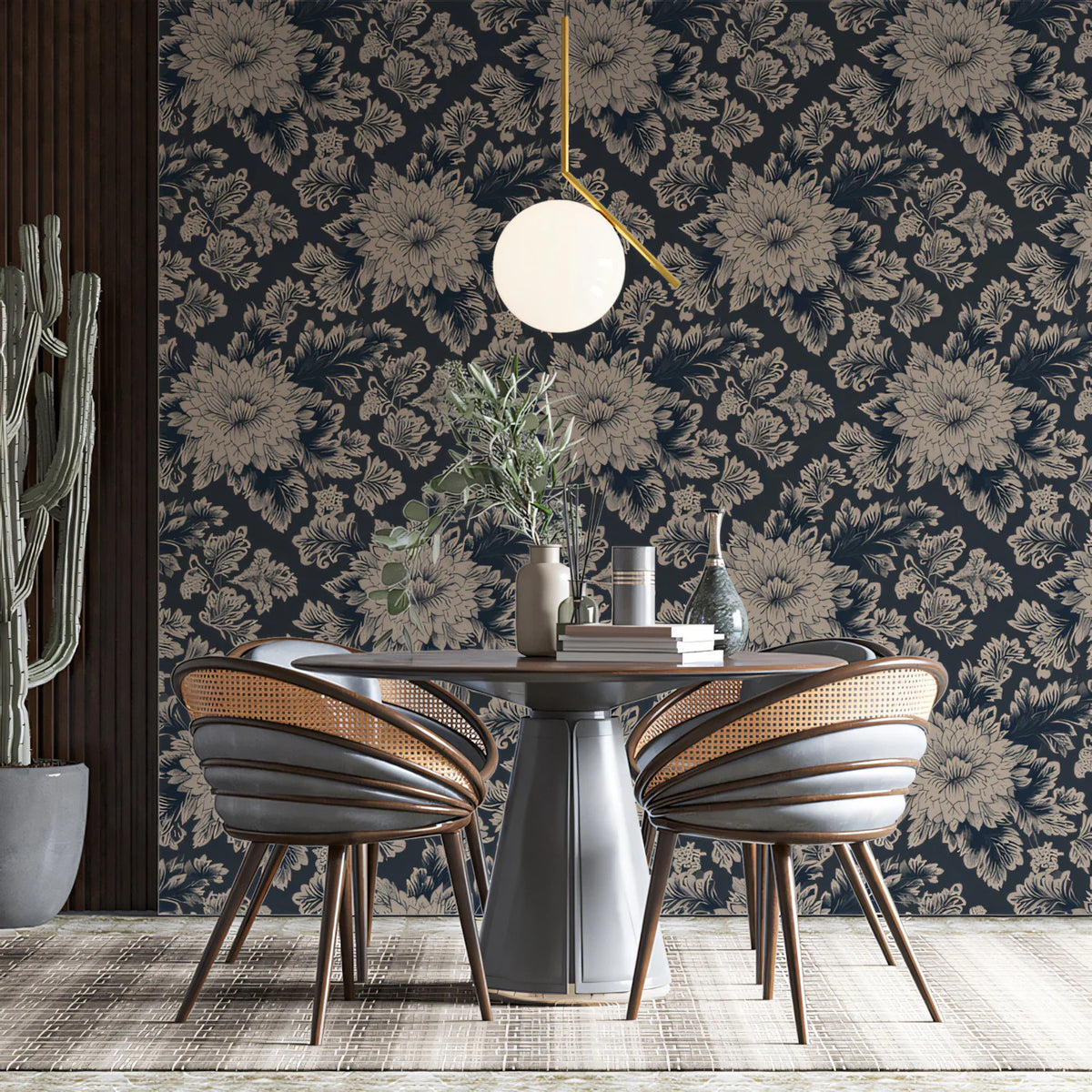 Vintage Peony Floral Mural Wallpaper in Navy and Beige Mural Wallpaper - pure wallpaper artwork