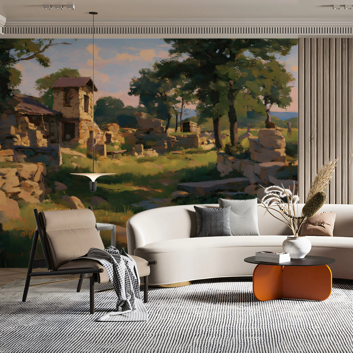 Pastoral Ruins Mural Wallpaper — Impressionist Landscape Design Mural Wallpaper - pure wallpaper artwork