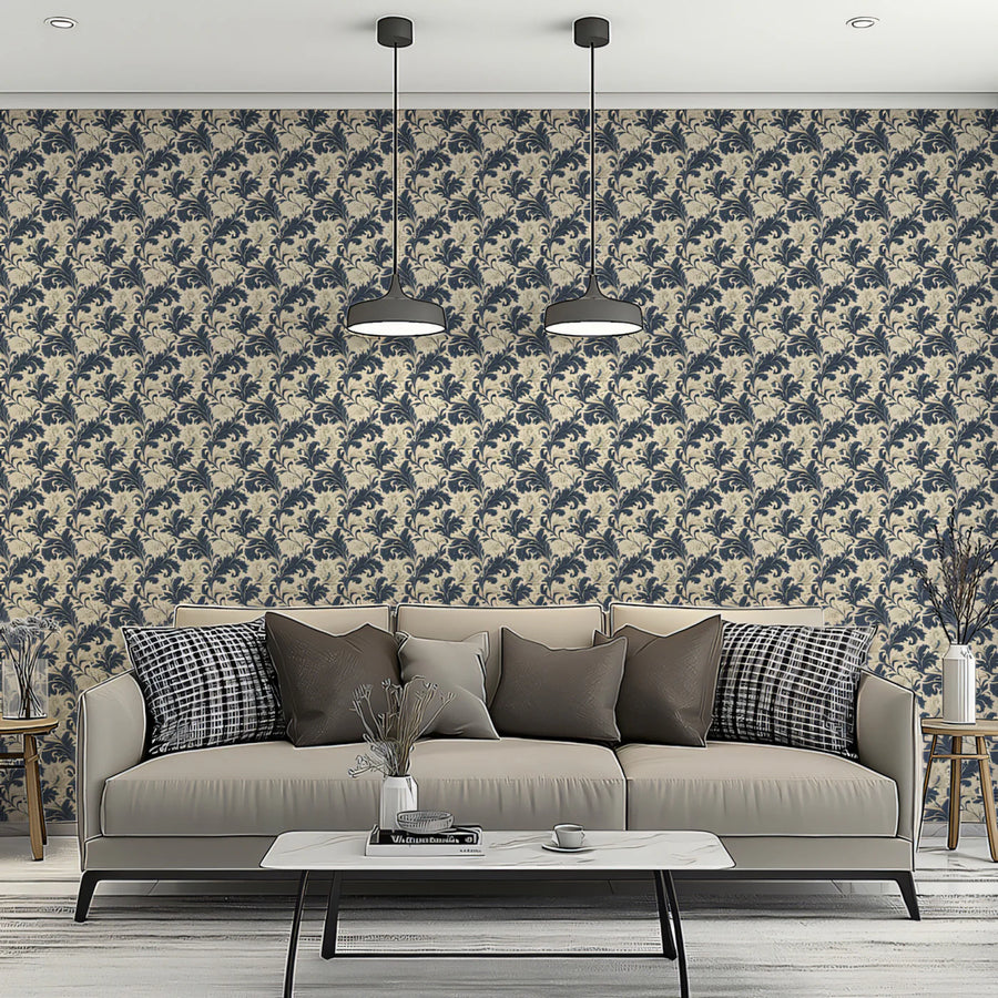 Vintage Filigree Mural Wallpaper — Navy and Cream Botanical Print Mural Wallpaper