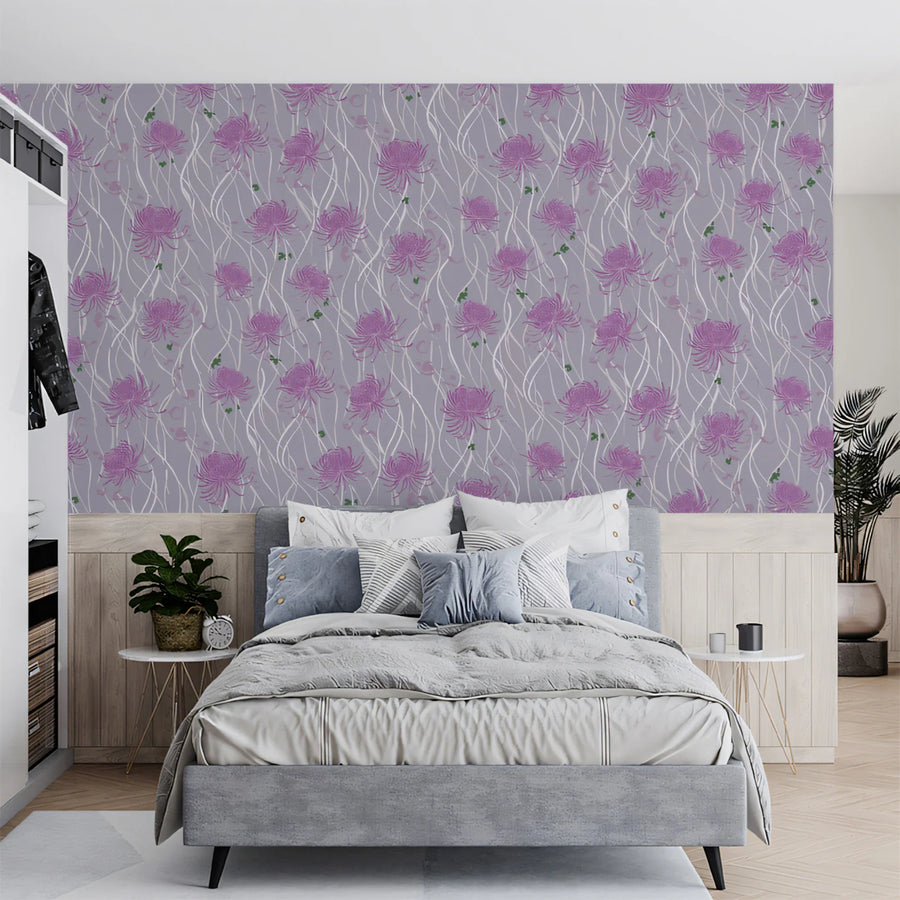Floating Chrysanthemum Mural Wallpaper — Soft Violet Floral Mural Wallpaper