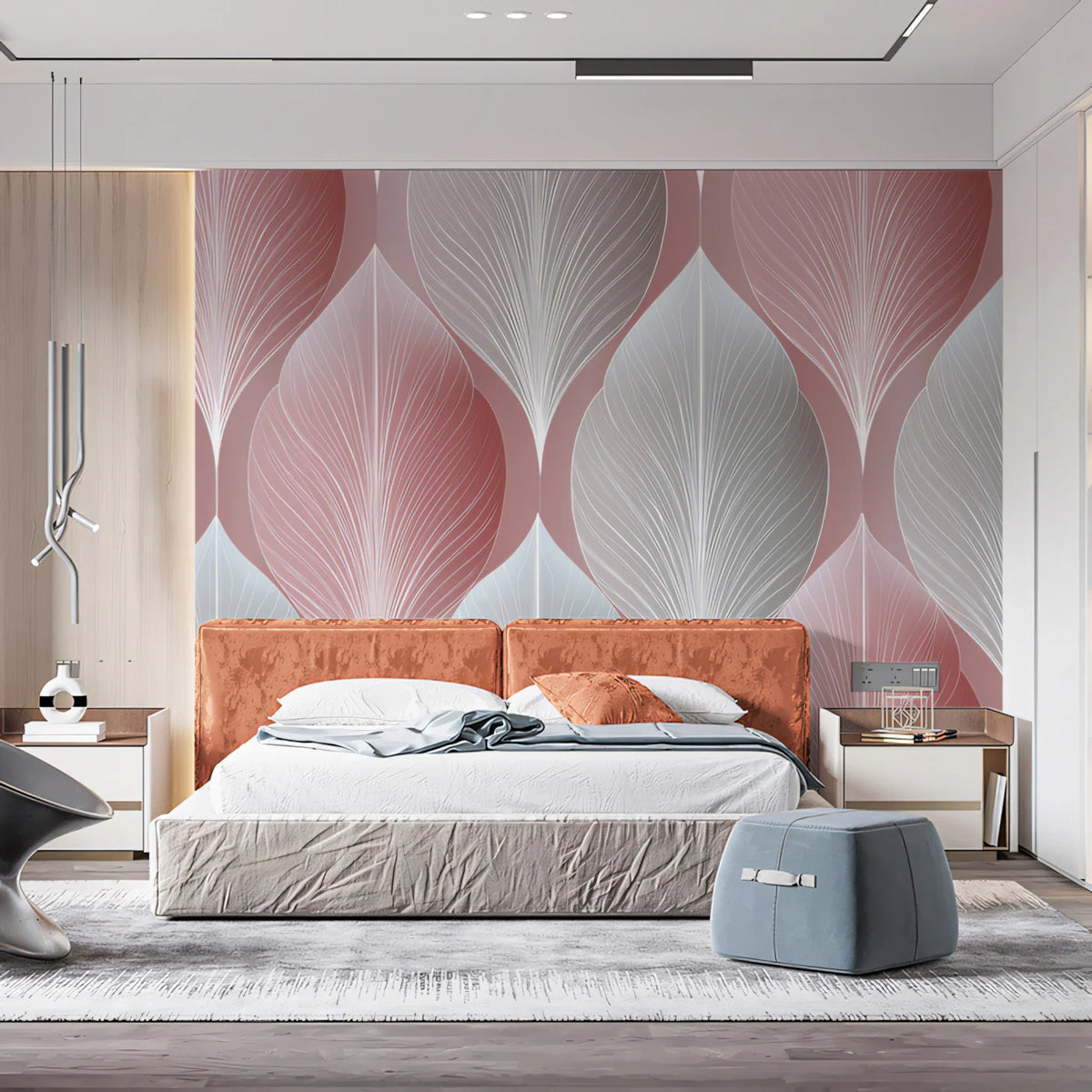 Stylized Leaf Mural Wallpaper — Dusty Rose and Silver Geometric Mural Wallpaper - pure wallpaper artwork